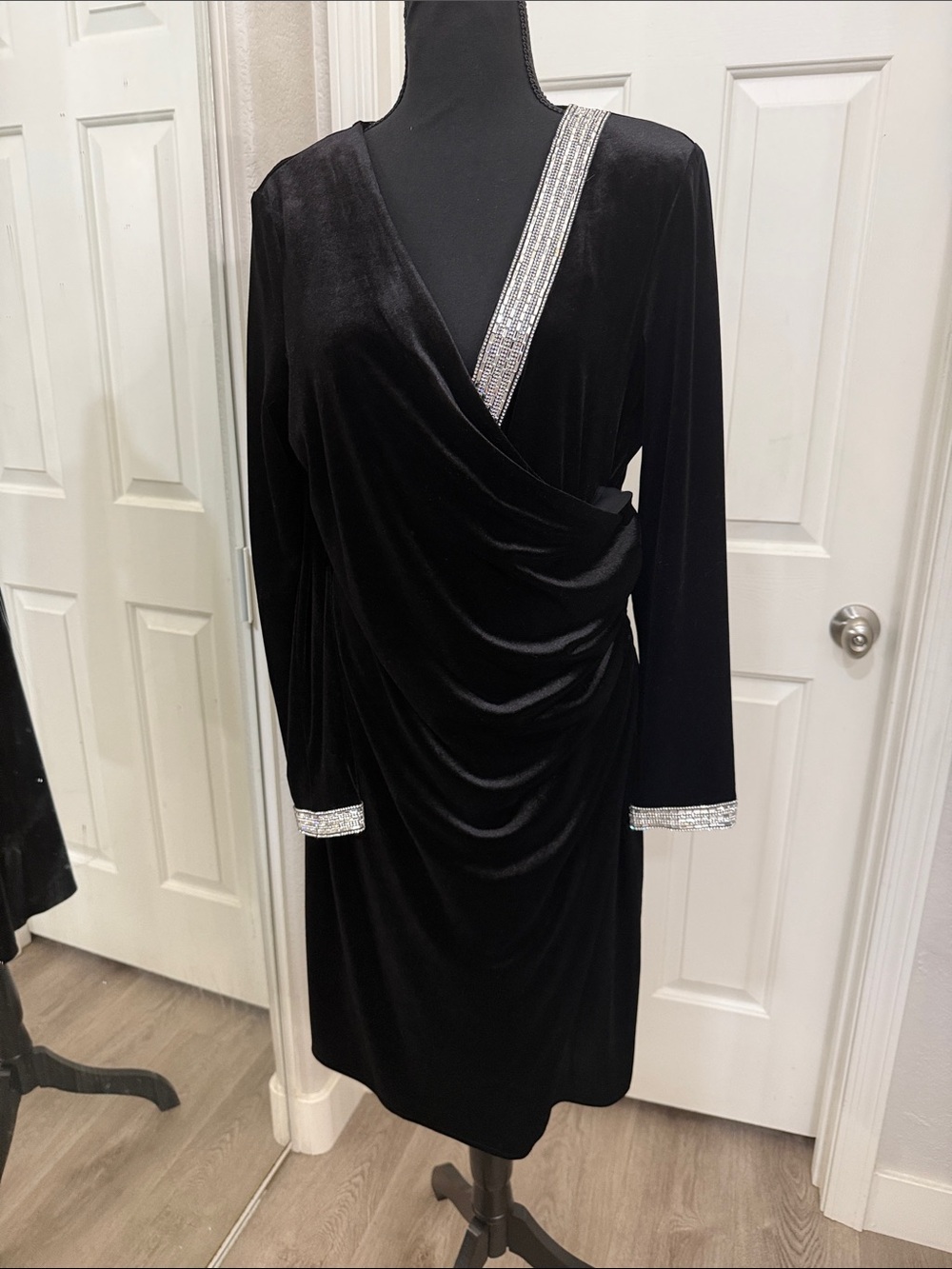 MSK Black Velvet Long Sleeve Dress with Silver Beaded Trim